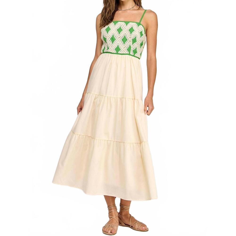 NEW STRUT & BOLT contrast diamond crochet midi dress in vibrant green/cream